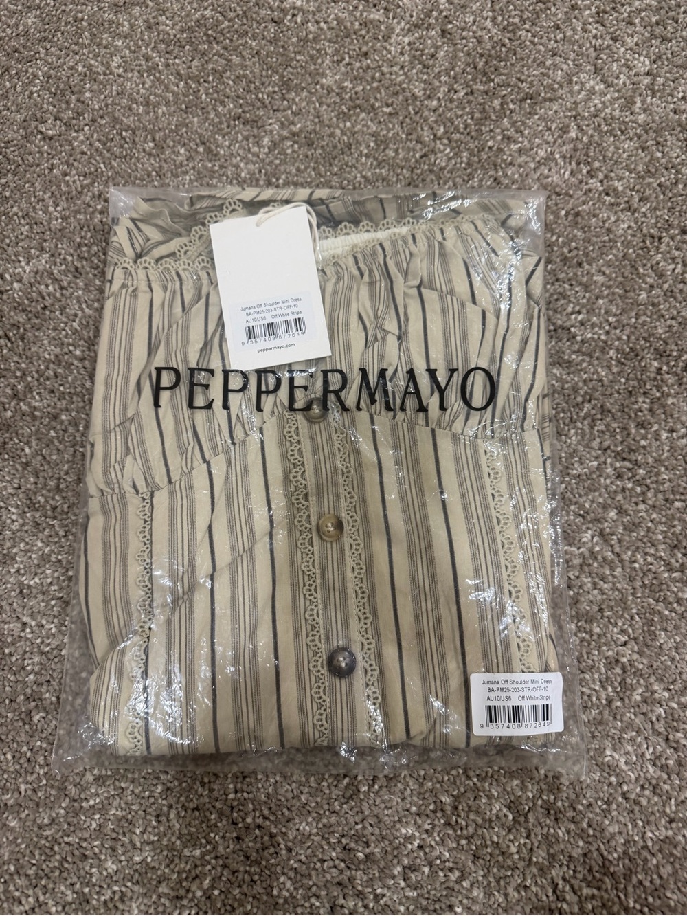 NWT Peppermayo Beige Striped Off-Shoulder Mini Dress Size 6 - Picture 4 of 5
